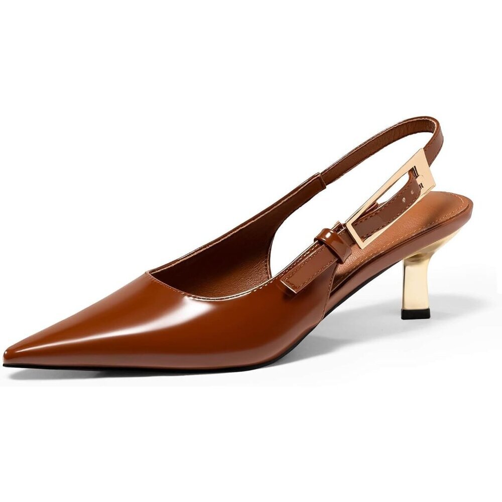 Women's Brown Slingback Kitten Heels Closed Pointed Toe Pumps Buckle Strap